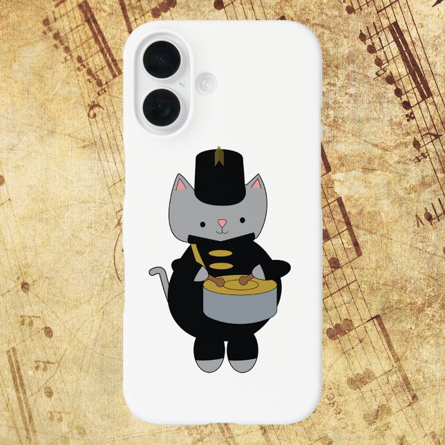 Drummer Marching Band Cat Black Gold Case-Mate iPhone Hülle (A phone case with a cat playing the snare drum while wearing a black & gold marching band uniform)