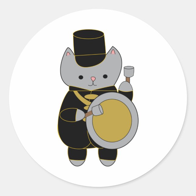 Drummer Marching Band Cat Black Yellow Gold Runder Aufkleber (Vorderseite)