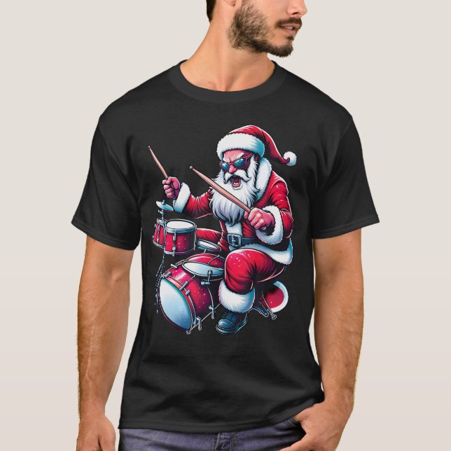 Drummer Santa Playing Drums Xmas Funny Christmas D T-Shirt (Vorderseite)