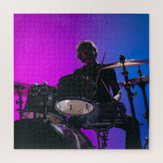 Drummer Silhouette, Neon blau-pink Hintergrund. Puzzle