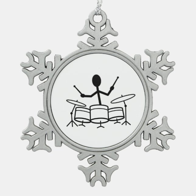 Drummer Strichmännchen Schneeflocken Zinn-Ornament (Vorderseite)