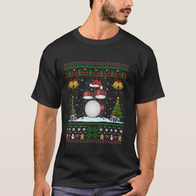 Drummer Xmas Ugly Sweater Musikalische Trommel Wei T-Shirt (Vorderseite)