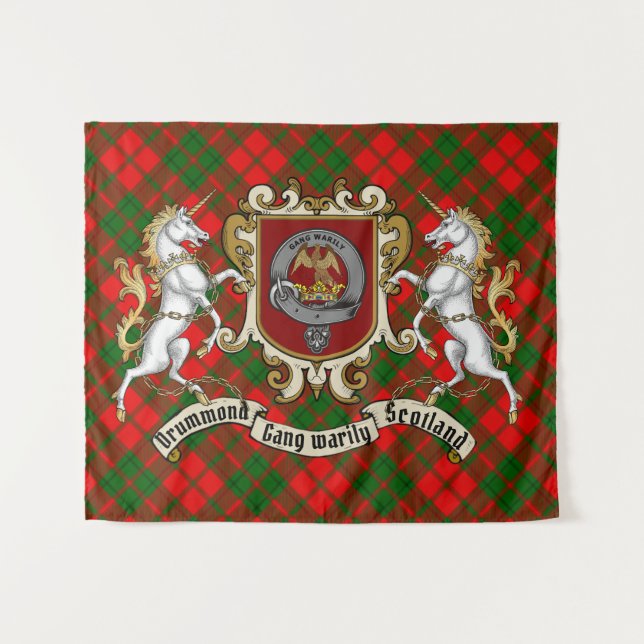 Drummond Clan Abzeichen & Unicorns mit Tartan Wandteppich (Vorderseite (Horizontal))