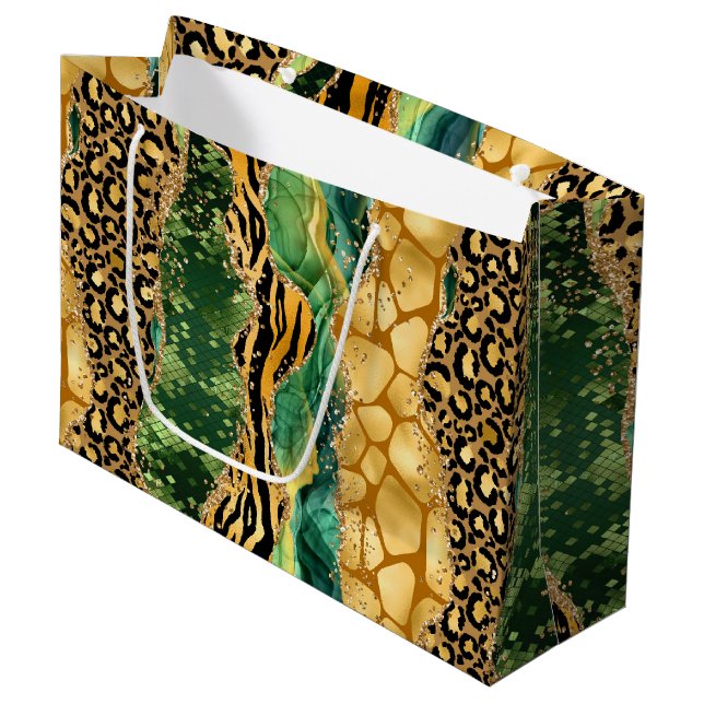 Dschungel-Achat | Wild Glam Texturmuster Große Geschenktüte (Vorderseite Schrägansicht)