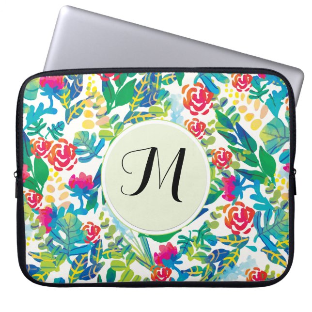Dschungel-Blume Floral Fine Monogramm Laptopschutzhülle (Vorderseite)