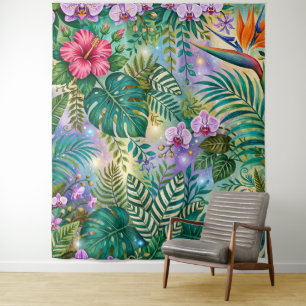 Dschungel-Fantasie-Blumen Lila Grün Gold Träumeris Wandteppich