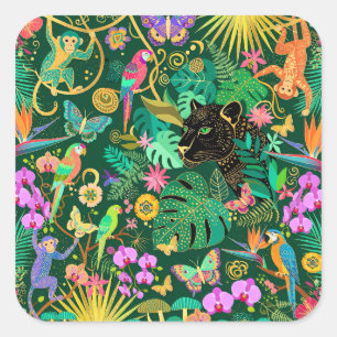 Dschungel Golden Fantasy Surreal Exotisch Quadratischer Aufkleber
