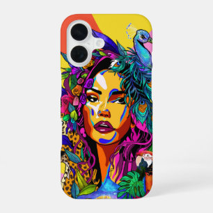 Dschungel-Göttin Pop-Art Pfau-Portrait iPhone 16 Hülle