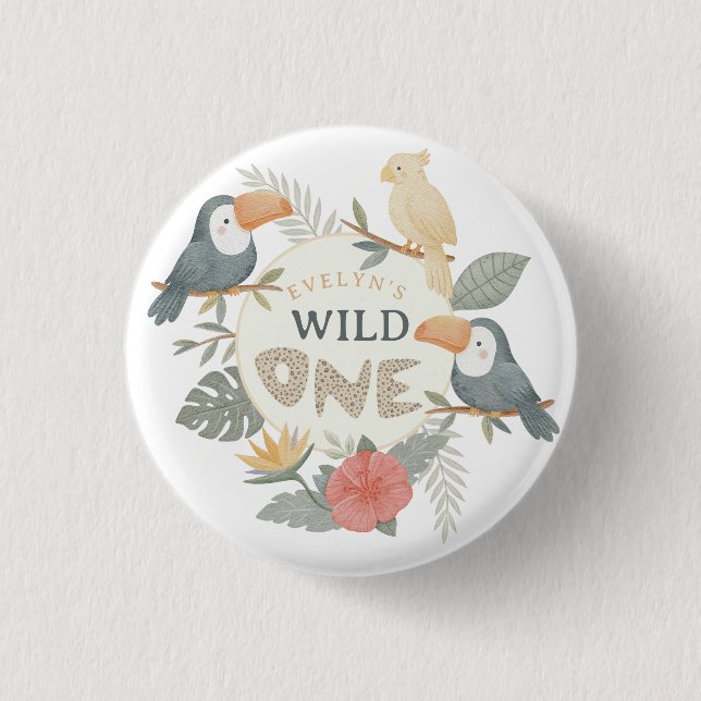 Dschungel-Leopard-Tropischer-Tukan-Erstgeburtstag Button (Vorderseite)