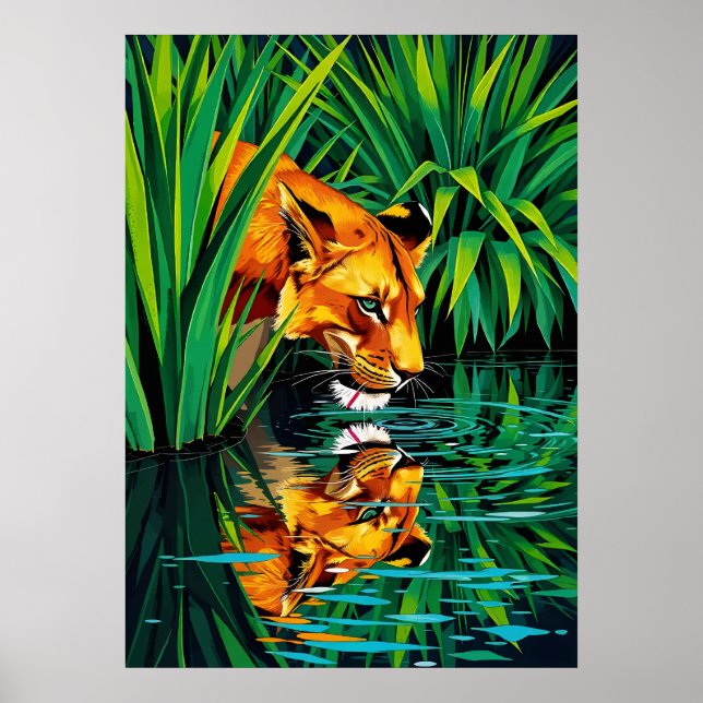 Dschungel Lioness Reflection - Vibranntes Wasser K Poster (Vorne)