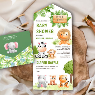 Dschungel-Safari Süße Wilde Tiere Junge Baby-Party All In One Einladung