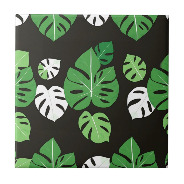Dschungel-Tropische Monstera-Blätter Schwarzer Hin Fliese (Vorderseite)