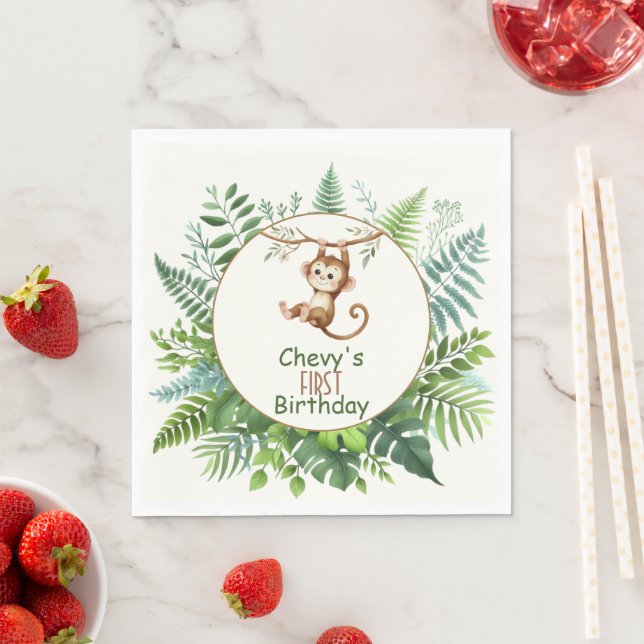 Dschungelaffe hängt an einem Ast zum ersten Geburt Serviette (Beispiel)