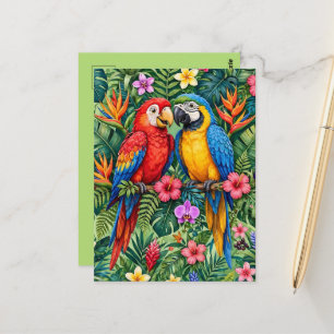 Dschungelaras Fröhliche Papageien Lebendige Blumen Postkarte