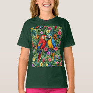 Dschungelaras Fröhliche Papageien Lebendige Blumen T-Shirt