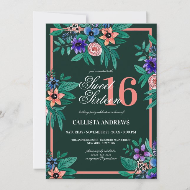 Dschungelgrün Korallenrosa Wasserfarbe Süß 16 Einladung (Vorderseite)