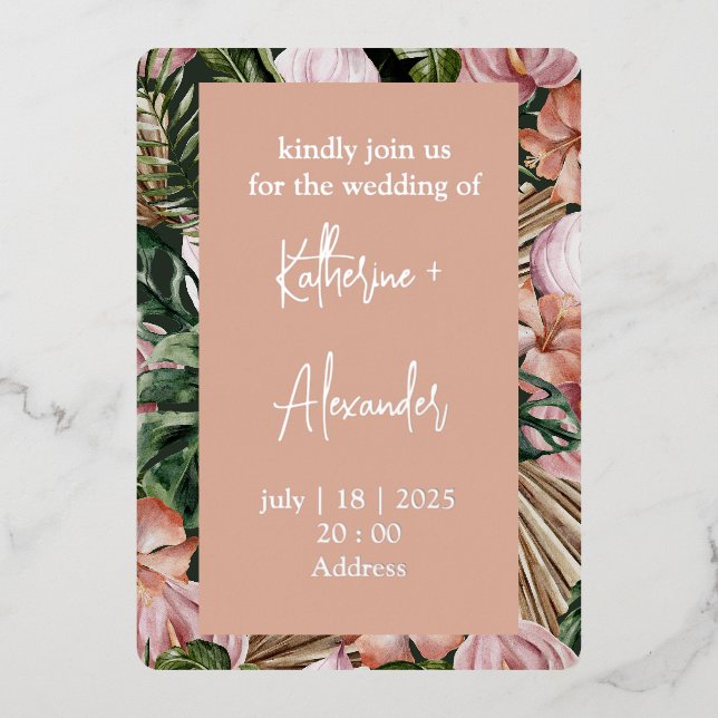 Dschungelpalme Blätter Regenwald Blume rosa grün Folieneinladung (Vorderseite)