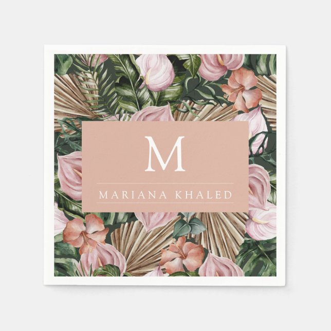 Dschungelpalme Blätter Regenwald Blume rosa grün Serviette (Vorderseite)
