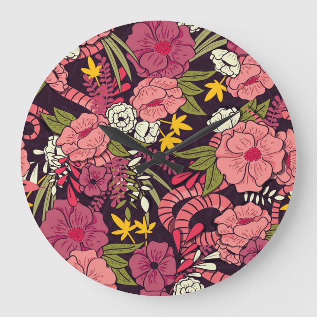 Dschungelschlangen, tropische Blume, Vintages Must Große Wanduhr (Vorderseite)