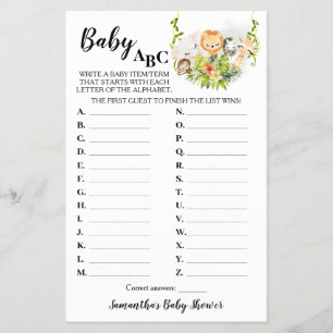 Dschungeltiere Baby ABC Babyparty Spielkarte Flyer