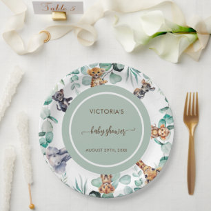 Dschungeltiere Grün Neutral Baby Shower Pappteller