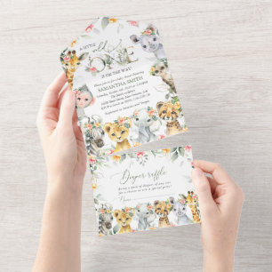 Dschungeltiere, Safari, Blumen, Babyparty All In One Einladung