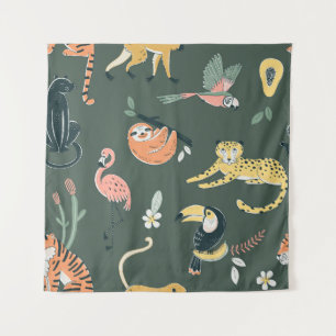 Dschungeltiere Vintage Flora Fauna Wandteppich