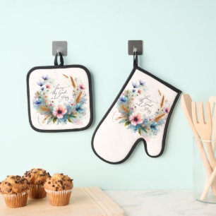 Du bist der Gott, der bleibt, Wasserfarben floral Ofenhandschuh & Topflappen-Set