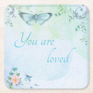 "Du bist geliebt" Blue Butterfly Rechteckiger Pappuntersetzer