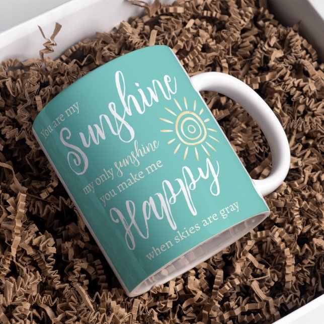 Du bist mein Sonnenschein machen mich glücklich Aq Kaffeetasse (Sunshine you make me Happy teal blue mug with yellow sun and typography will cheer up anyone's day! )