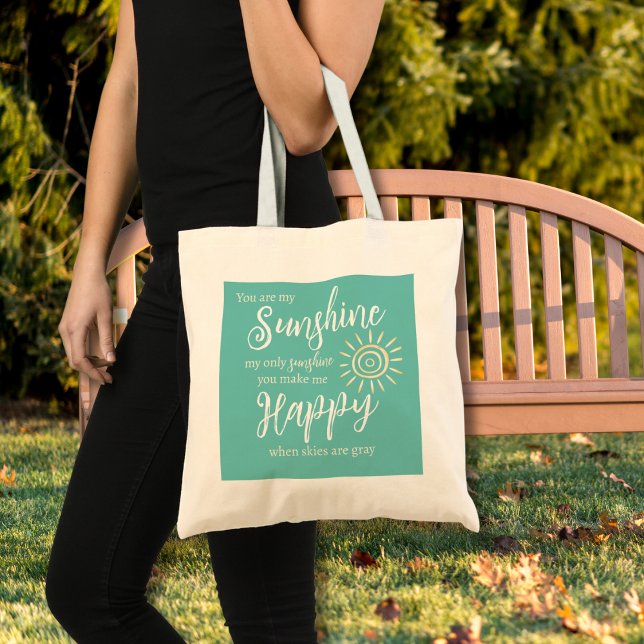 Du bist mein Sonnenschein machen mich glücklich Aq Tragetasche (You Are My Sunshine You Make Me Happy song lyrics on a teal blue background with yellow sun tote bag)