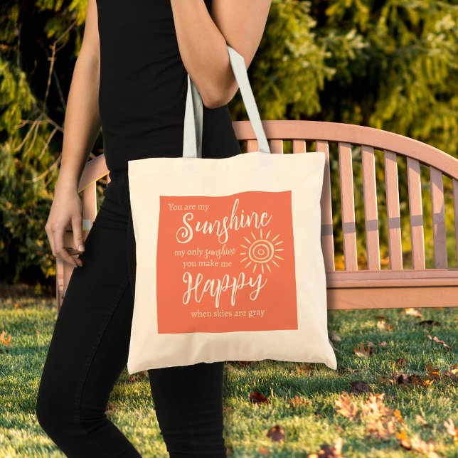 Du bist mein Sonnenschein, um mich glücklich Pfirs Tragetasche (You Are My Sunshine You Make Me Happy Tote Bag in Salmon Orange with Yellow Sun & Modern Typography)