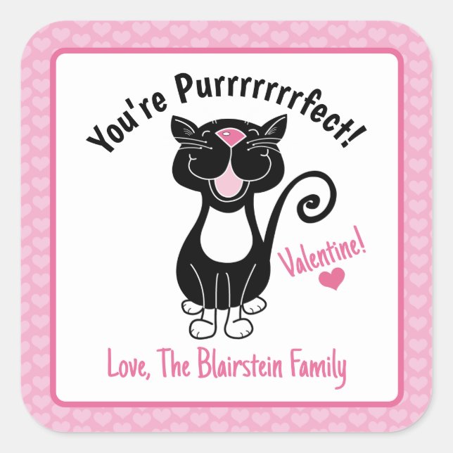 Du bist purfect Black Cat Valentine's Heart Pink Quadratischer Aufkleber (Vorderseite)