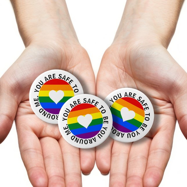 Du bist sicher, dass du um mich herum bist button (You are safe to be you around me rainbow heart buttons by Ricaso. Ally buttons LGBT supporters)