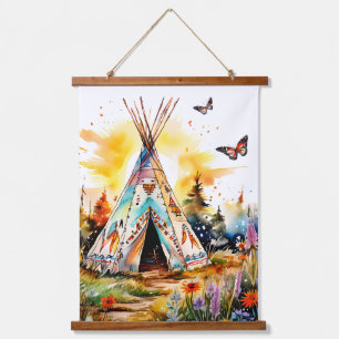 Du bist Zuhause! Farbenfrohe TeePee mit Wildblumen Wandteppich Mit Holzrahmen