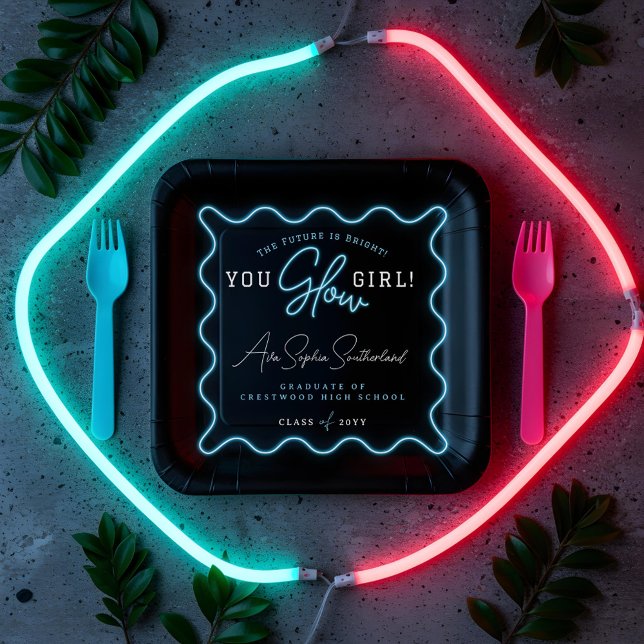 Du Glow Girl Retro Wavy Blue Neon Abschluss Pappteller (You Glow Girl Retro Wavy Blue Neon Graduation Paper Plates)