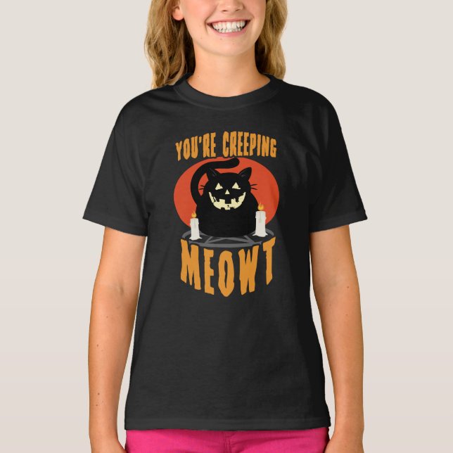 Du schleichst Meowt | Halloween Black Cat Puff T-Shirt (Vorderseite)
