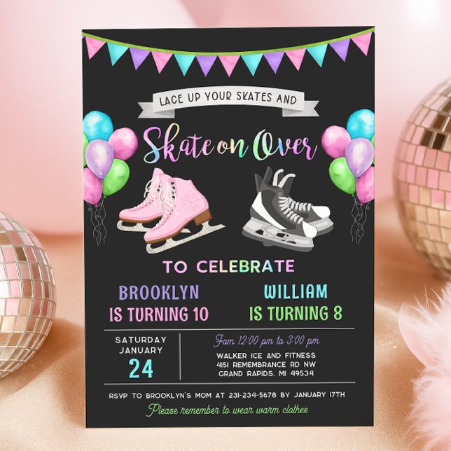 Dual Ice Skating Birthday Invitation Einladung (Ice Skating Birthday Invitation - Double Birthday Party)