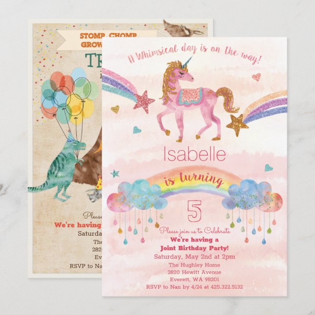 DUAL INVITE - Einhorn und Dinosaurier Einladung zu (Vorne/Hinten)