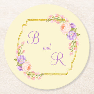 Dual Monogram Gold Frame w Blume Laurels Runder Pappuntersetzer