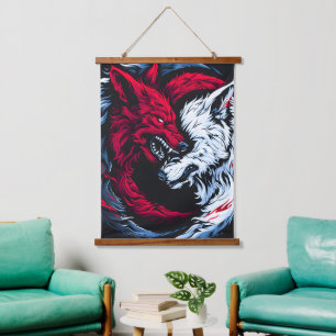 Dual Wild Lunar Wolf Wandteppich Mit Holzrahmen