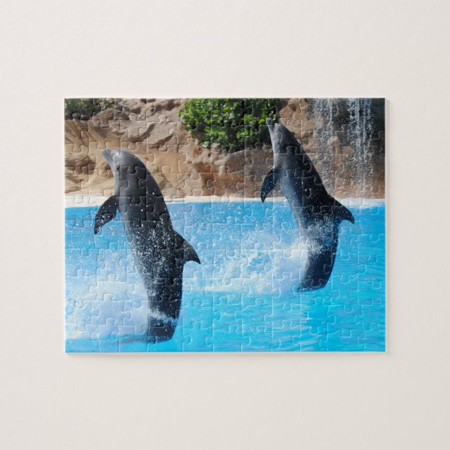 Duale Delphine mit Wasserfall Jigsaw Puzzle (Horizontal)