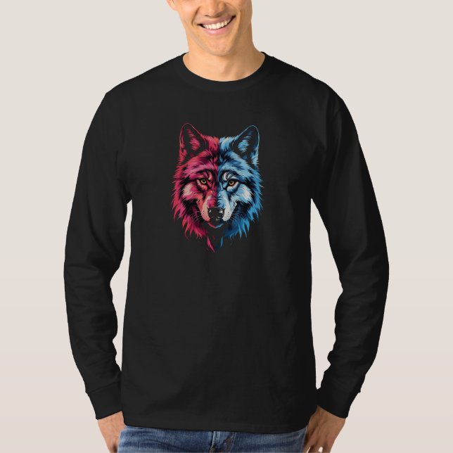 Duality Wolf - Roter und Blauer Geist Kunst T-Shirt (Vorderseite)