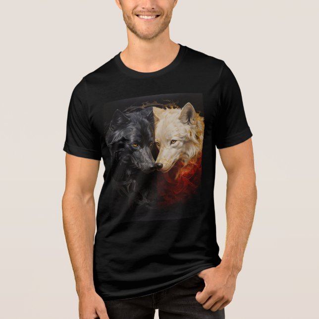 Duality Wolves – Black & White Spirit Art Tri-Blend Shirt (Vorderseite)