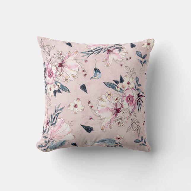 Dualseitige Navy und rosa Floralpillow Kissen (Vorderseite)
