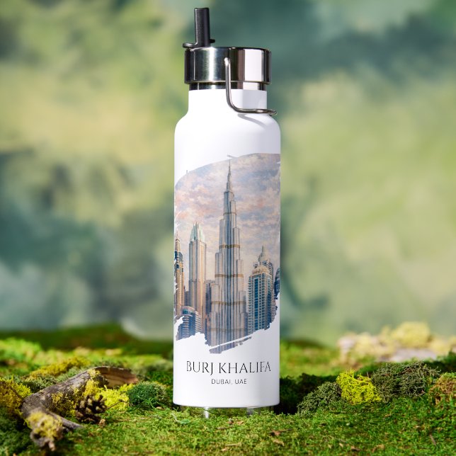 Dubai Burj Khalifa Luxury City Skyline Watercolor  Trinkflasche ( Außenbereich (gedreht))