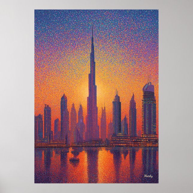 Dubai Burj Khalifa Pointillismus-Sonnenuntergang-S Poster (Vorne)