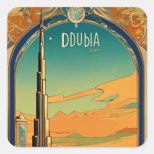 Dubai Dreamscape - Grafik Art Nouveau Postc Quadratischer Aufkleber