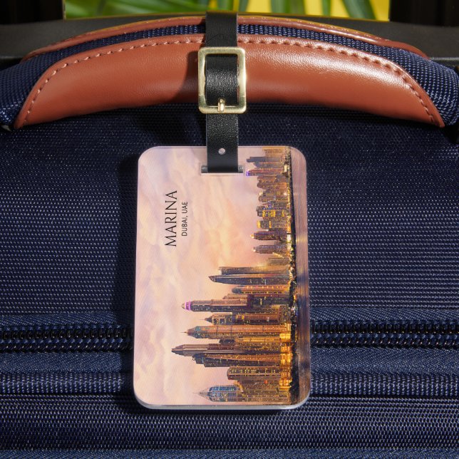 Dubai Marina Skyline Watercolor City Lights Travel Gepäckanhänger (Vorderseite Insitu 2)