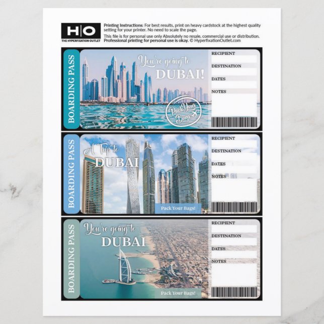 Dubai Mock Ticket für Reisen und Veranstaltungen (Vorderseite)